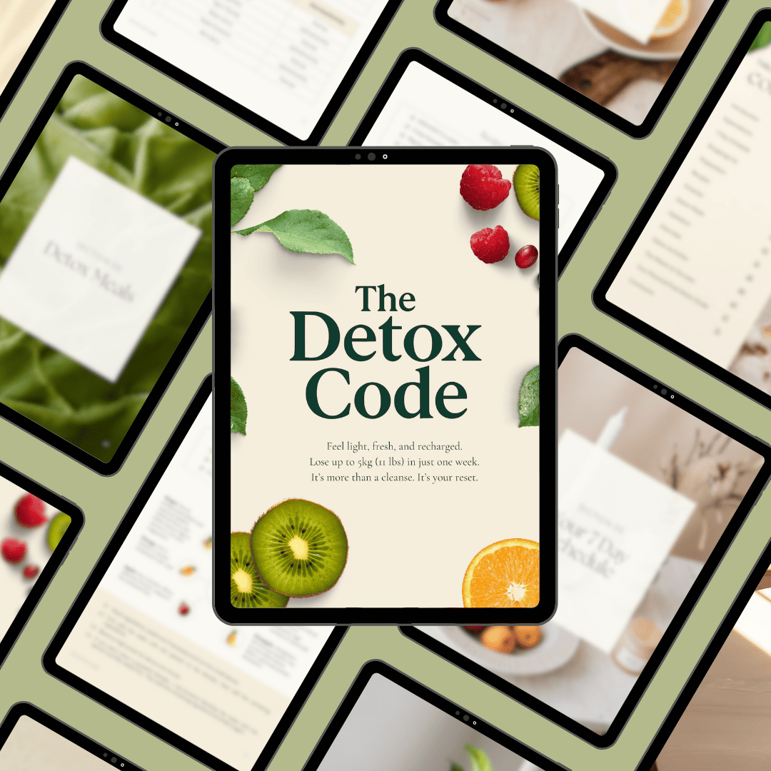 Cover of The Detox Code 7-Day Smoothie Detox Plan displayed on an iPad, with blurred preview pages in the background